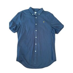 Farah Mens Button Down Shirt Large Slim Fit Navy Blue Short Sleeve Cotton
